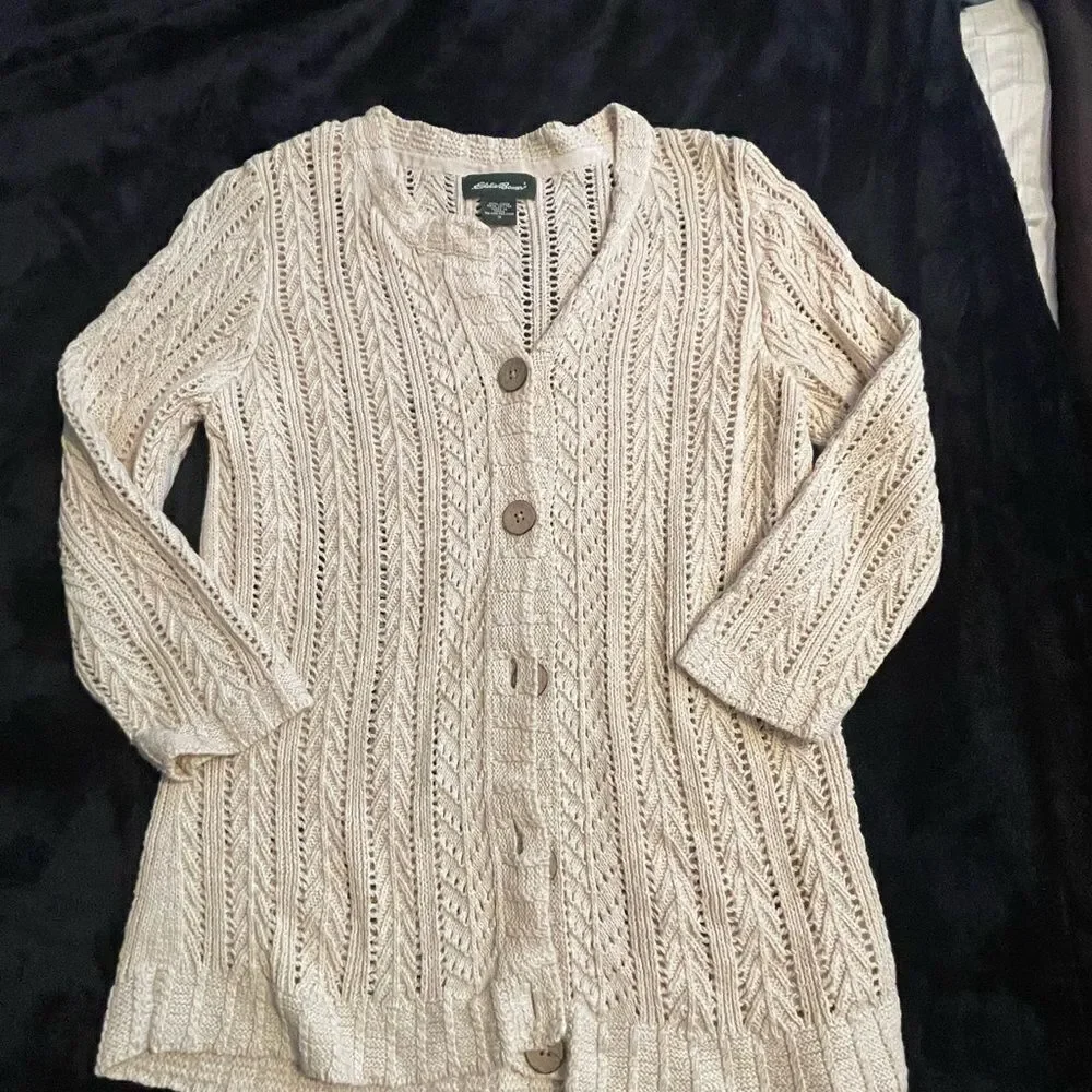 Eddie Bauer beige‎ cardigan sweater 55% linen, size small - Picture 9 of 15